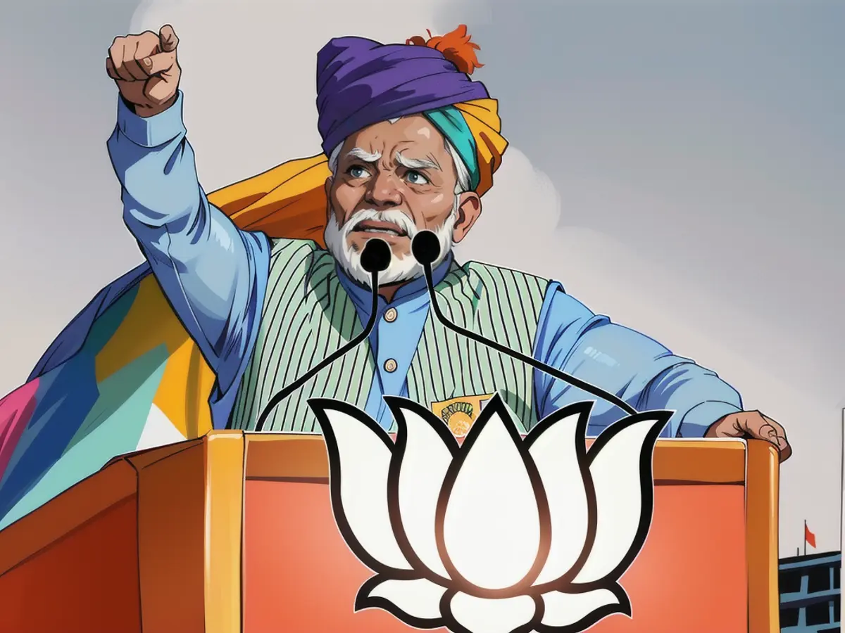 India's Prime Minister Narendra Modi addresses his supporters during an election campaign rally in Pushkar on April 6, 2024, ahead of the country's upcoming general elections. (