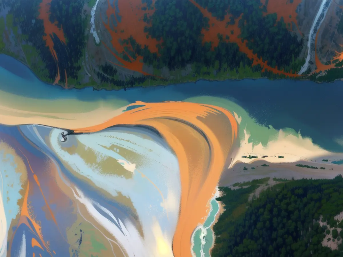 An aerial view of the Kutuk River in Alaska's Gates of the Arctic National Park that looks likeorange paint spilling into the clear blue water.