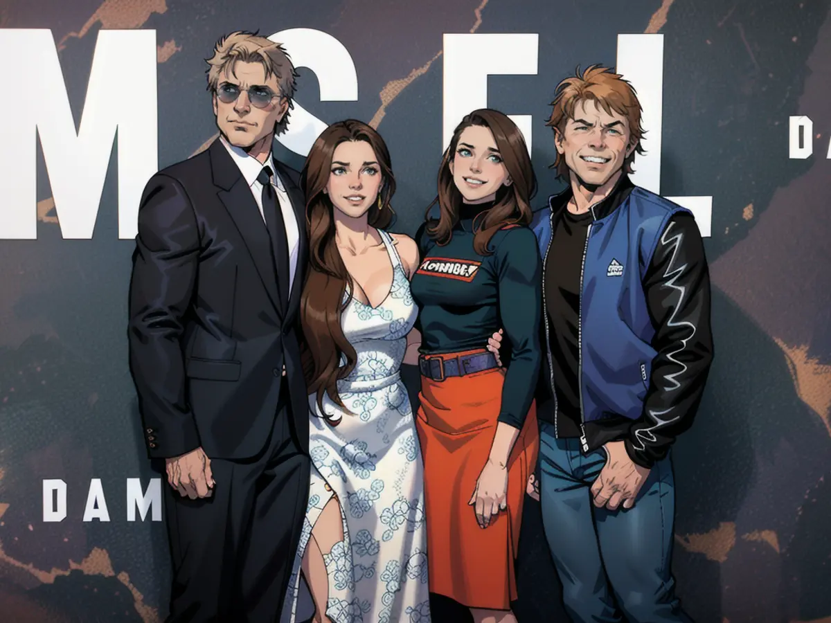 Jake Bongiovi (links), Millie Bobby Brown (Mitte links), Dorothea Hurley (Mitte rechts) und Jon Bon Jovi (rechts) im März.