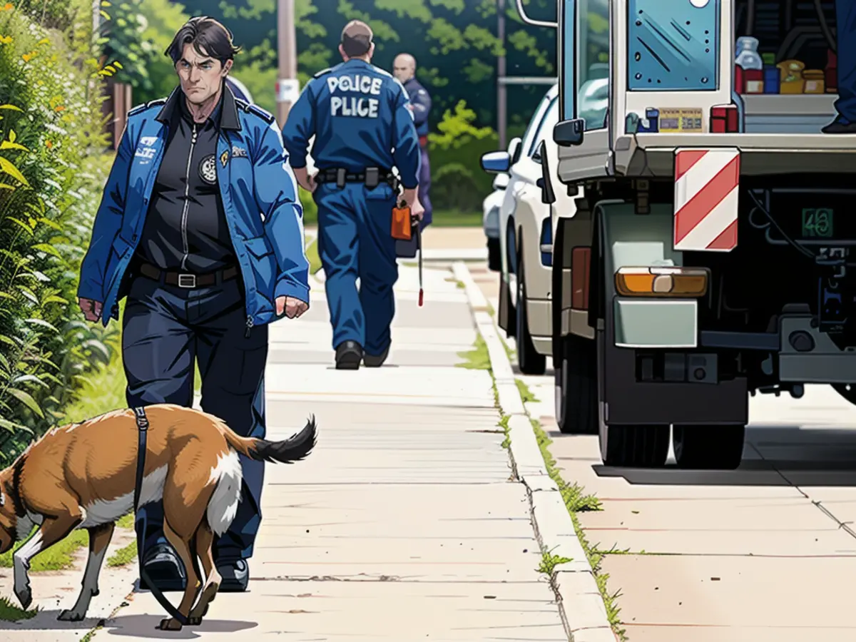 Eine Hundeführerin der Polizei ist mit einem Suchhund am Tatort unterwegs