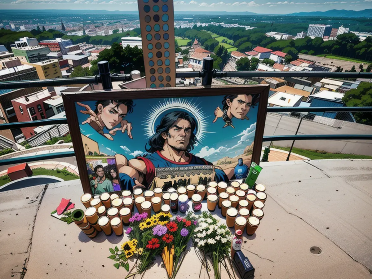 The photos of five missing and apparently murdered young men are seen on a makeshift memorial altar at the Mirador San Miguel, the place where they were kidnapped on August 11, in Lagos de Moreno, Jalisco State, Mexico, on August 30, 2023.