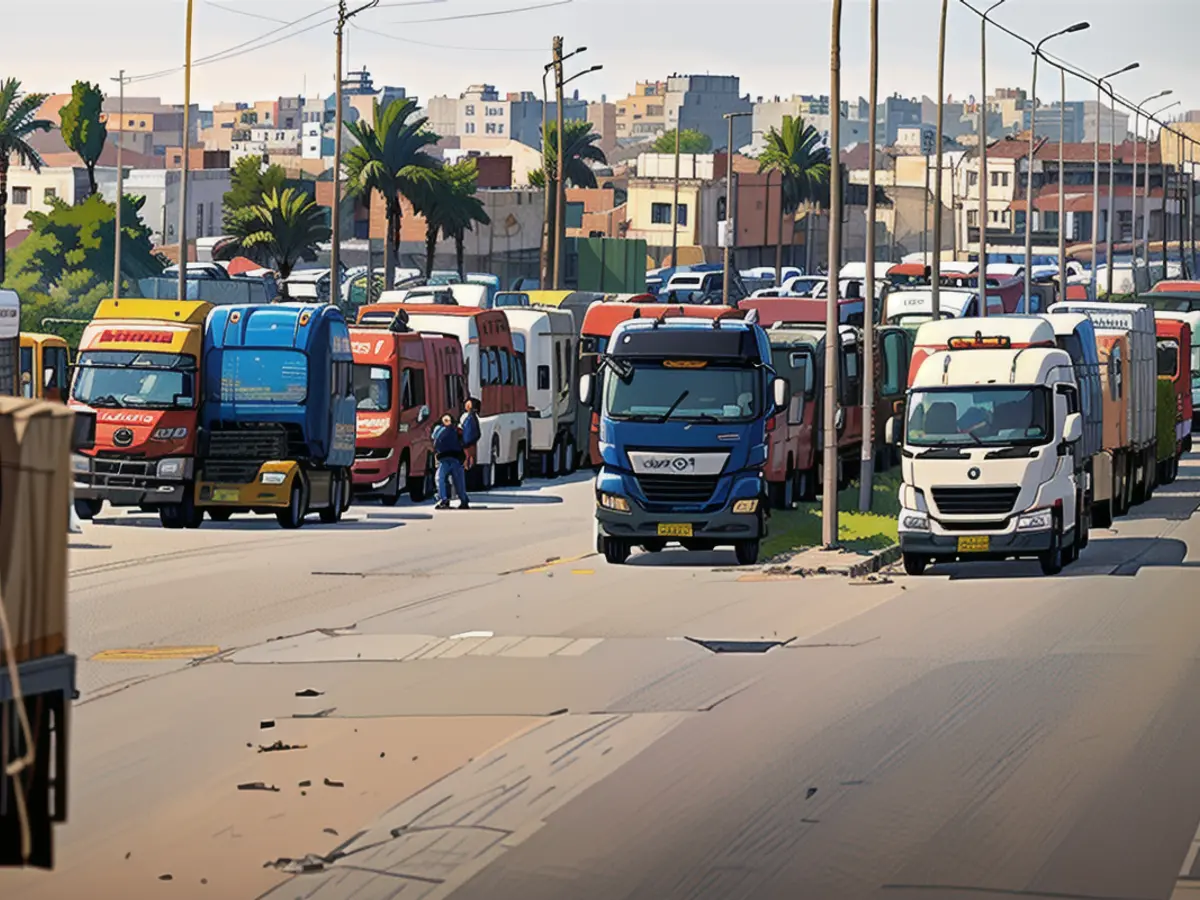 Trucks build up on the Egyptian side of the Rafah crossing, waiting to enter Gaza in April.