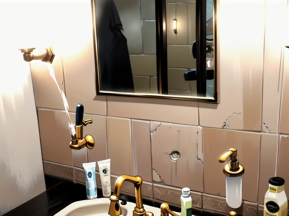 While he has renovated the living area and kitchen, the bathroom is still in its old state with golden taps: 