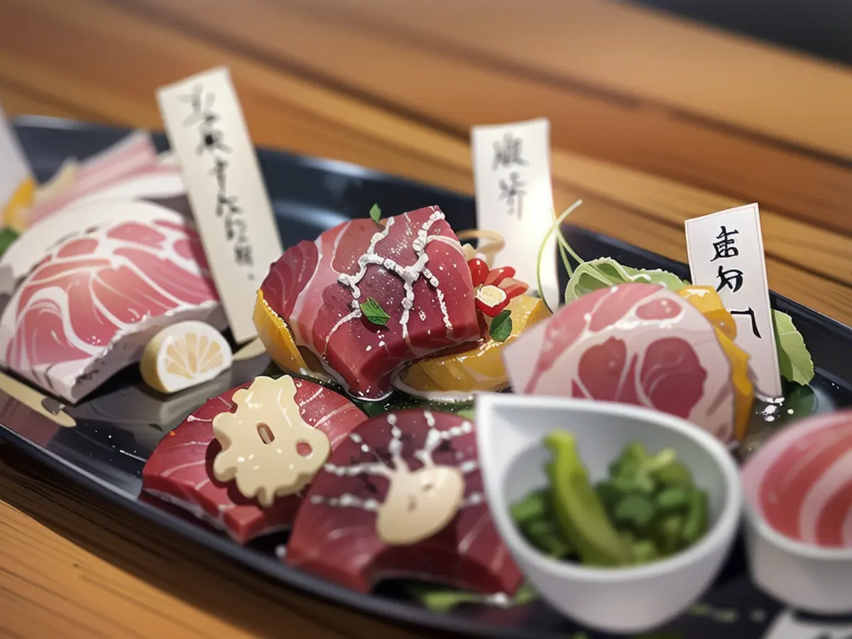 Dieses Bild vom 20. Mai 2024 zeigt Walfleisch-Sashimi in einem Walfleisch-Restaurant in der Stadt Shimonoseki, Präfektur Yamaguchi.