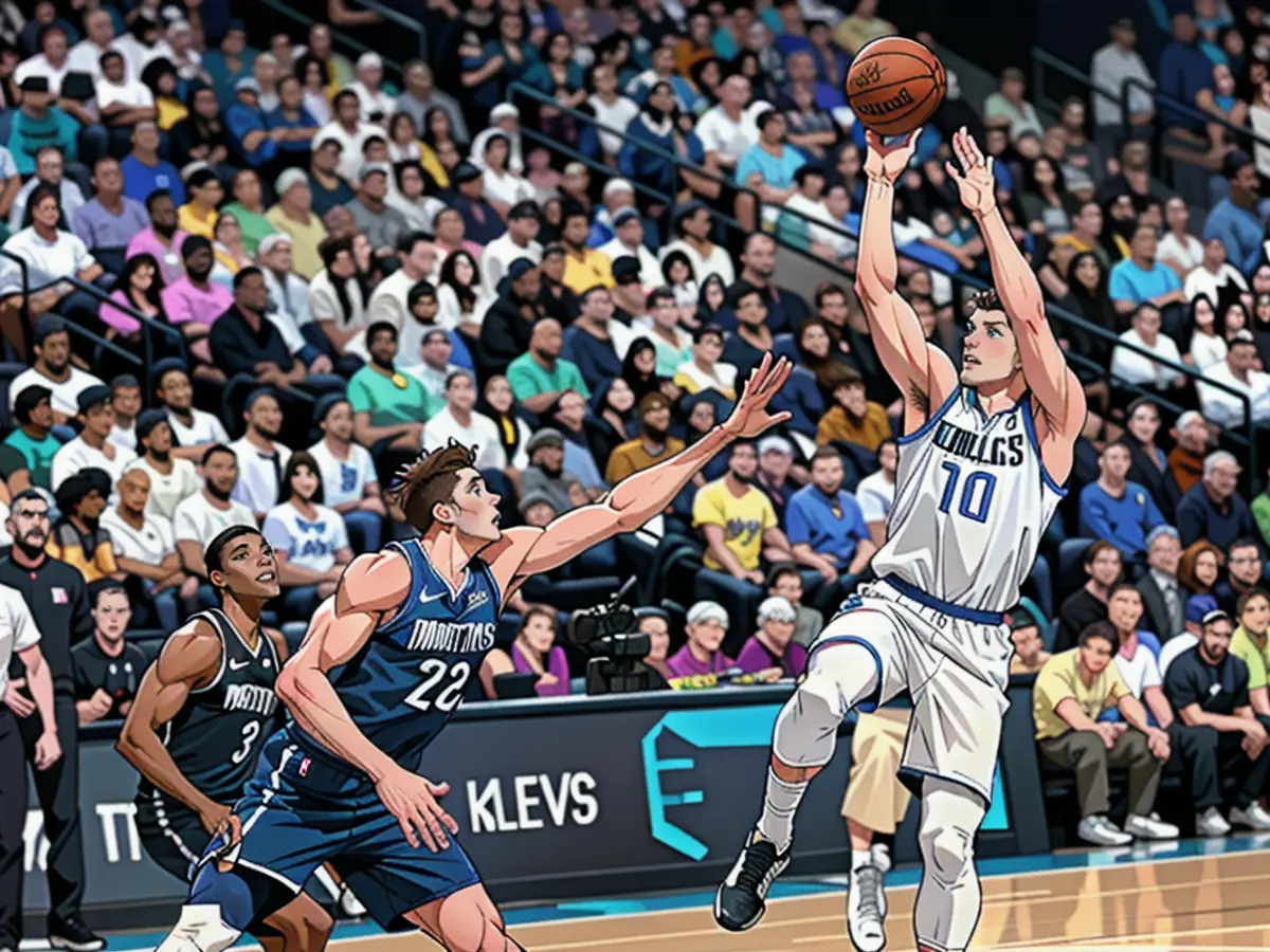 Dallas Mavericks-Guard Luka Dončić schießt während Spiel 5 der Western Conference Finals über Minnesota Timberwolves-Center Karl-Anthony Towns.