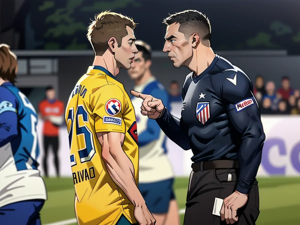 Contre l'Atlético de Madrid : L'arbitre Slavko Vincic donne un carton jaune à Julian Ryerson (Dortmund)