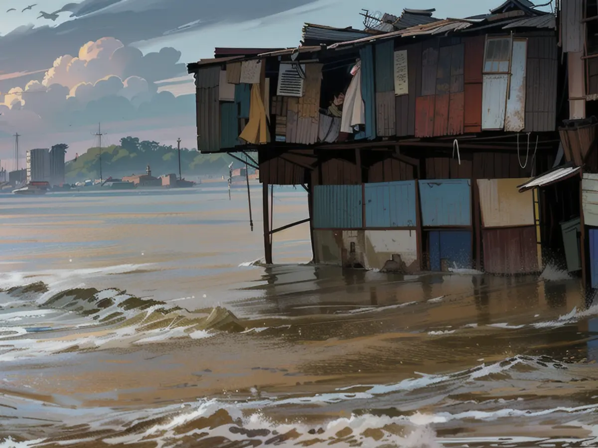 Un village des Philippines touché par la montée des eaux.