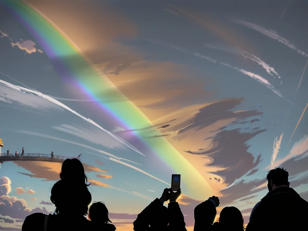 People looking at a rainbow at Niagara Falls (Canada)