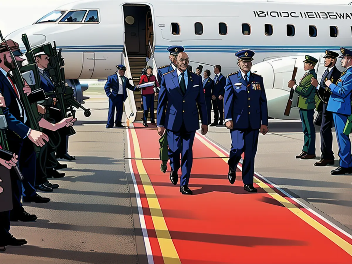 Reçu avec les honneurs militaires : Le président du Botswana devant son avion présidentiel, un...