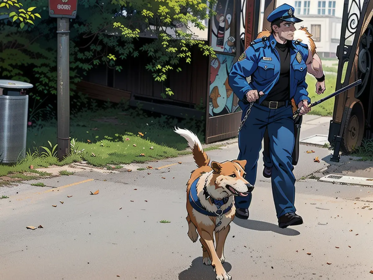 Police officers search for evidence with a sniffer dog