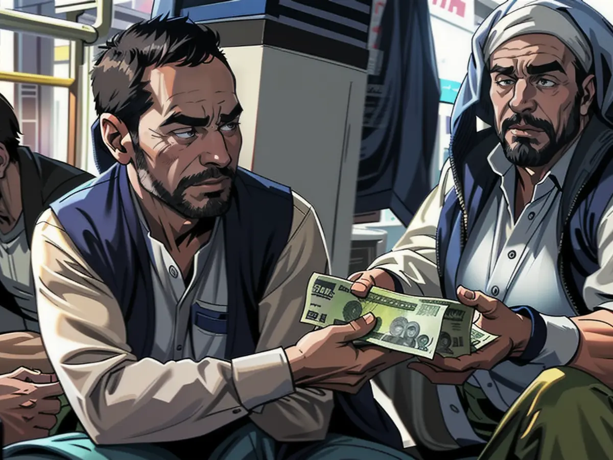 Traders exchange banknotes at a market in Kabul