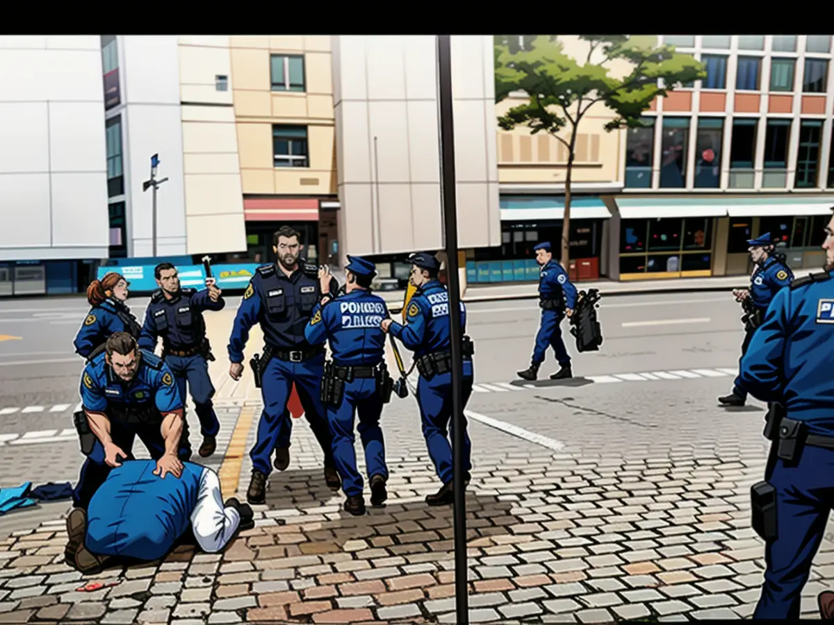 À esquerda está o atacante da faca. Ao seu lado, uma mulher polícia começa por dominar o homem de casaco azul. Cinco agentes rodeiam o polícia, que se levanta apesar dos graves ferimentos de faca