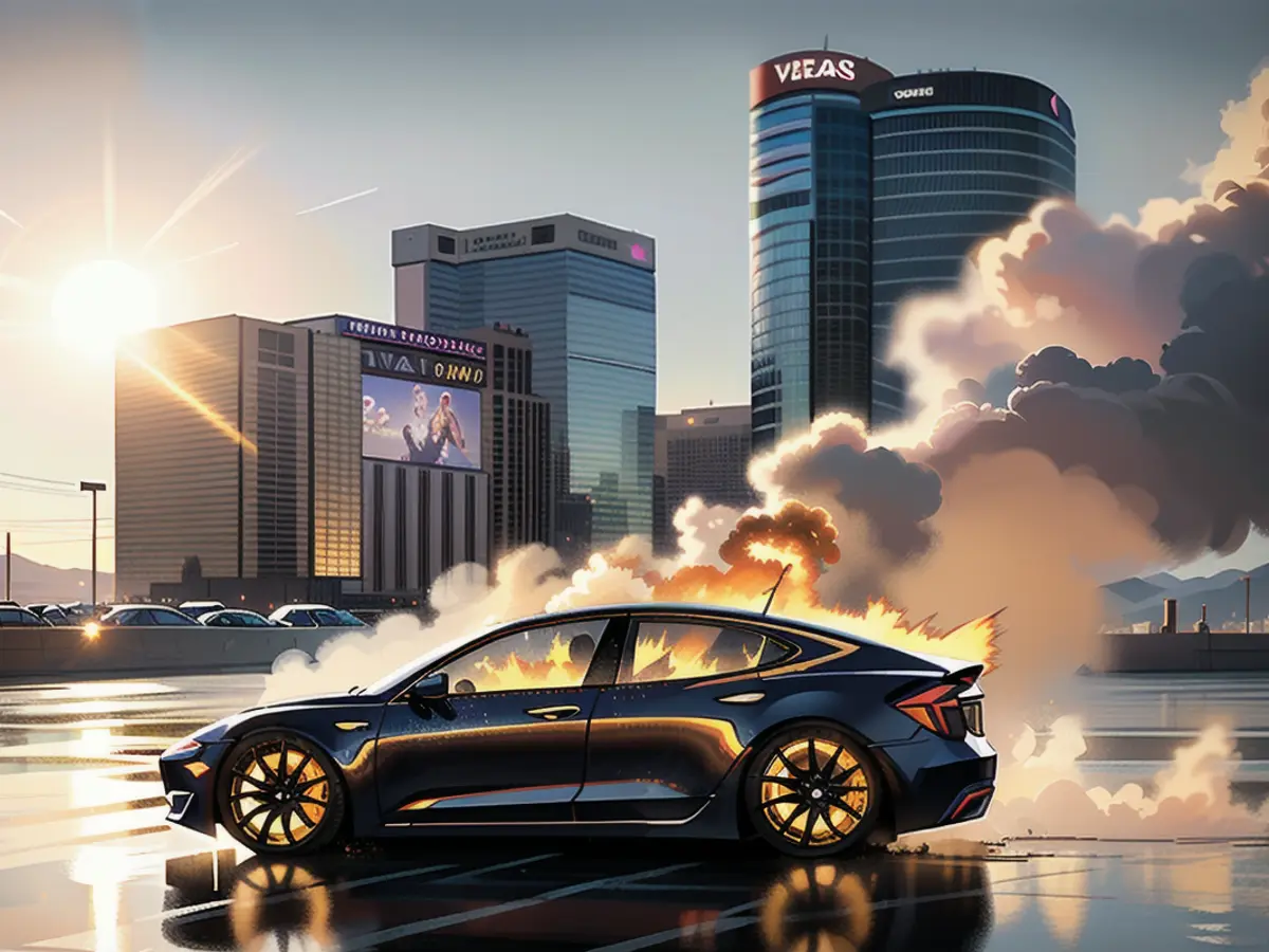 L'IA représente une Tesla noire qui prend feu après avoir été garée au soleil dans le parking d'un...