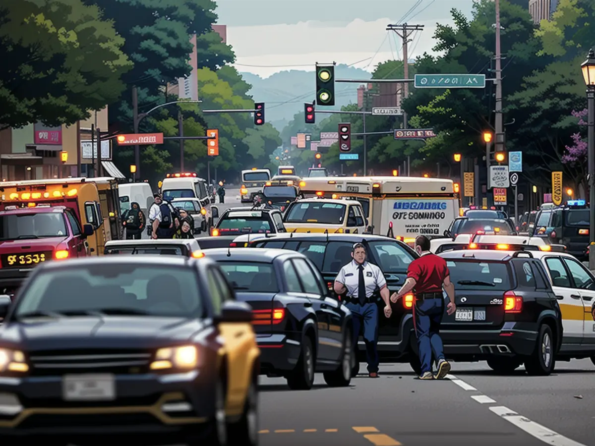 Die Polizei versammelt sich nach einer tödlichen Schießerei auf der Franklin Avenue in Minneapolis, Donnerstag, 30. Mai 2024.