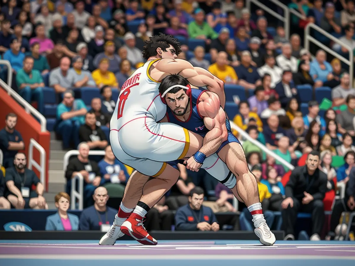 Minnesota-Ringer Gable Steveson, rechts, ringt gegen Arizona State-Ringer Cohlton Schultz im Endkampf der Gewichtsklasse 285 Pfund bei den NCAA-Ringermeisterschaften in der Little Cesars Arena.