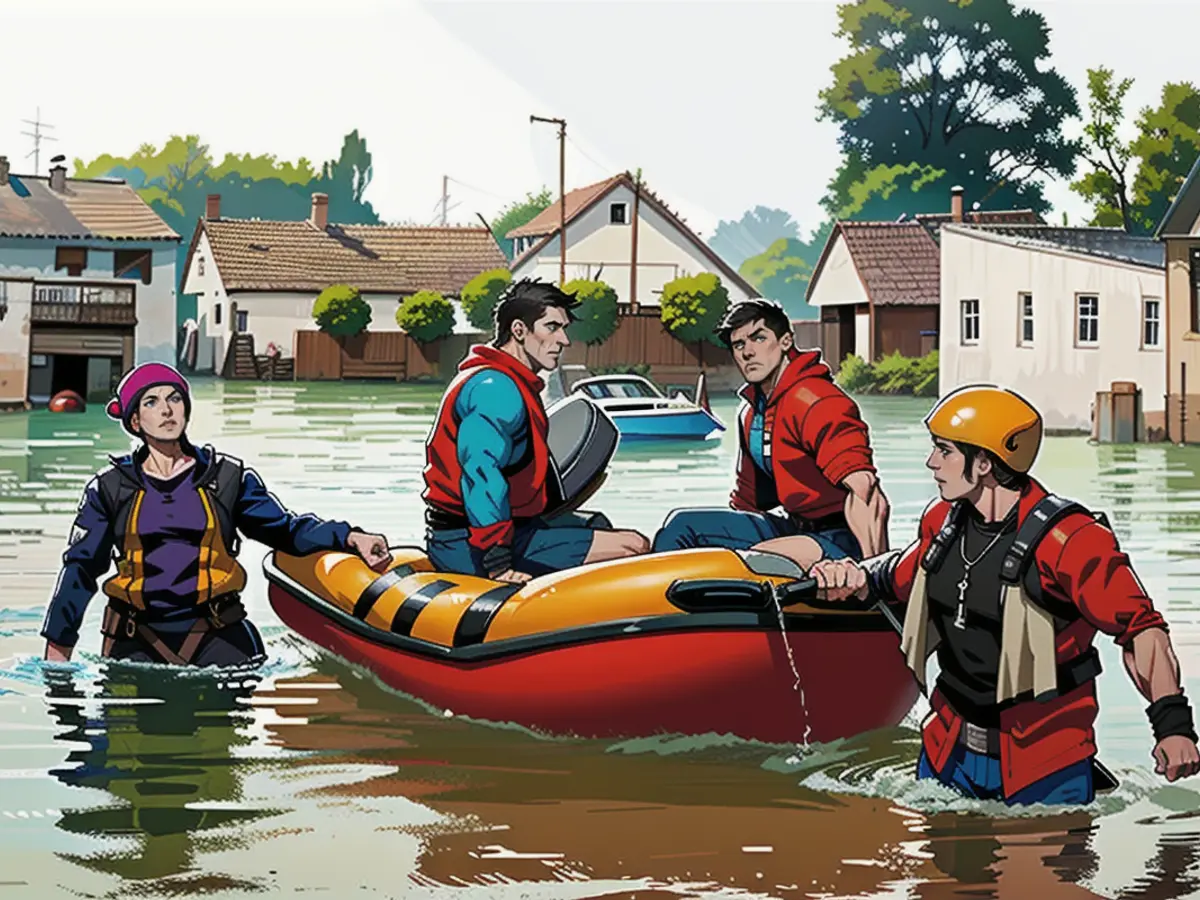 Die Bewohner von Babenhausen werden mit Schlauchbooten gerettet.