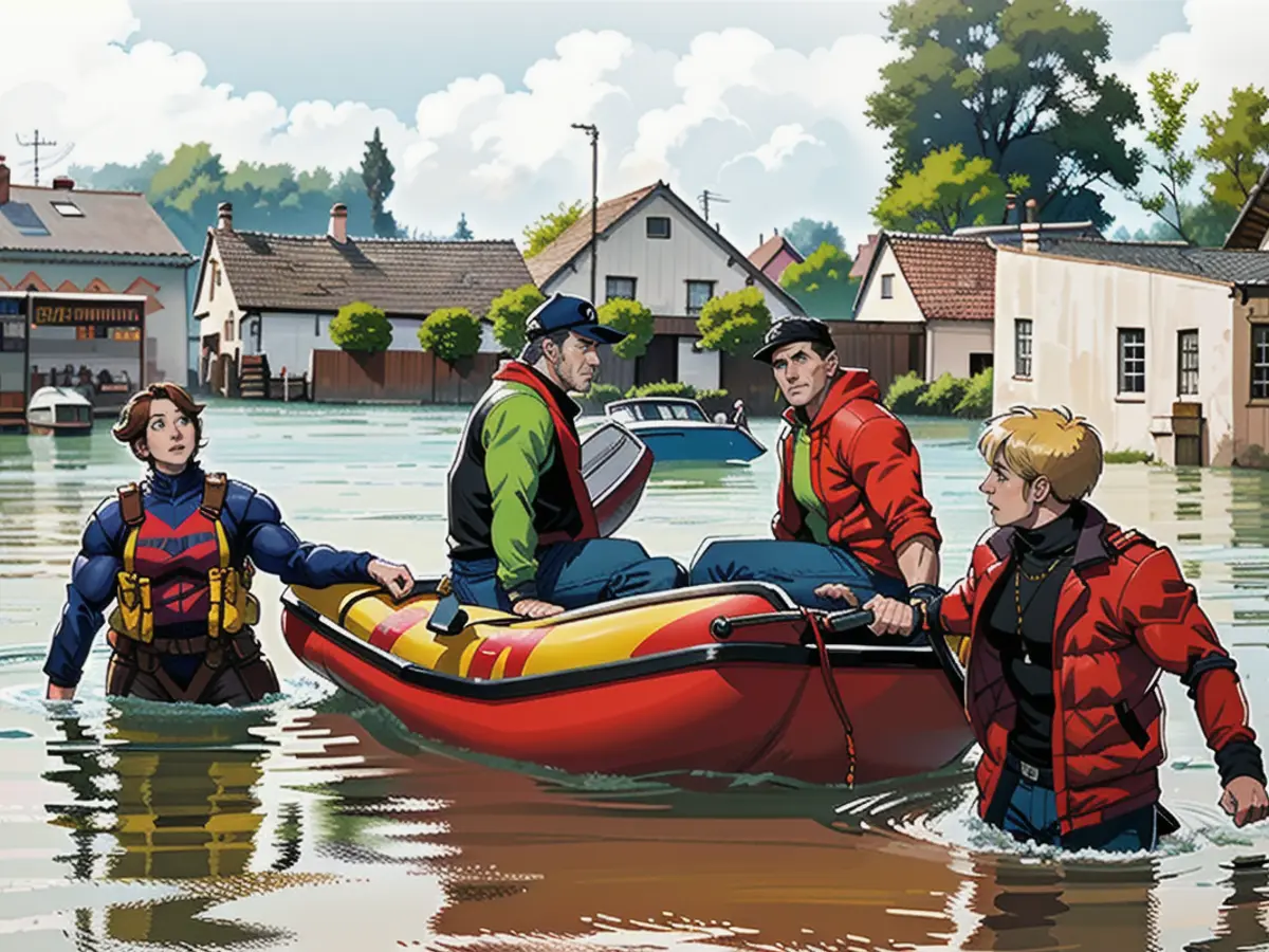 Die Einwohner von Babenhausen werden mit Schlauchbooten gerettet.
