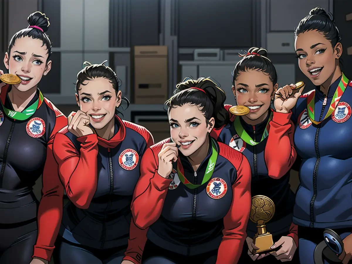 Gabby Douglas and the other old gold medal winning members of the US women's gymnastics team at the 2016 Rio Olympics — Alexandra Raisman, Madison Kocian, Lauren Hernandez and Simone Biles.