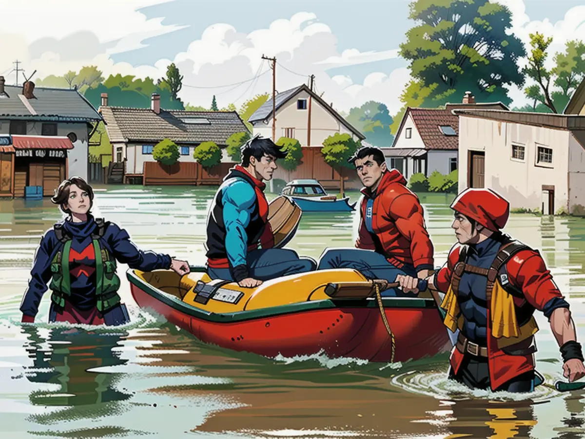 Babenhausen residents are rescued with rubber dinghies.