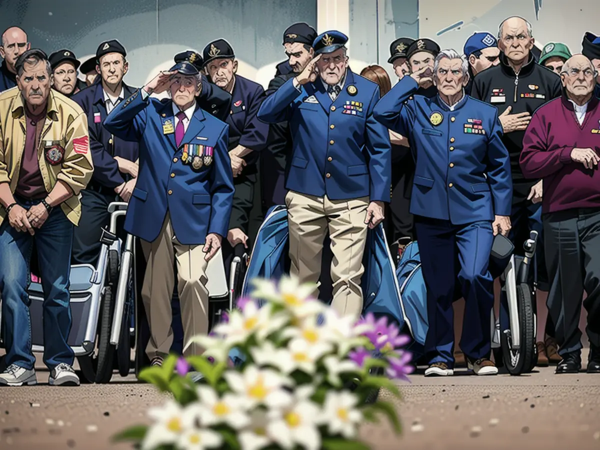 US-D-Day-Veteranen nehmen an einer Veranstaltung auf dem amerikanischen Friedhof und Memorial in der Normandie teil, die im Rahmen der Feierlichkeiten zum 79. Jahrestag des D-Day am 6. Juni 2023 stattfindet.