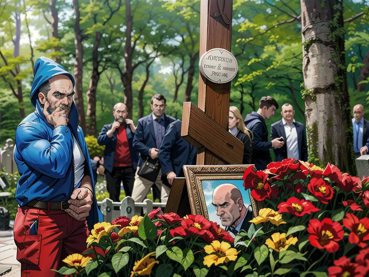 Menschen versammeln sich in der Nähe des Grabes des russischen Söldnerführers Jewgeni Prigoschin auf dem Porochowskoje-Friedhof in Sankt Petersburg, Russland, 30. August 2023.