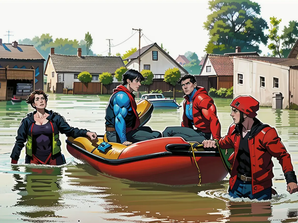 Babenhausen residents are rescued with rubber dinghies.