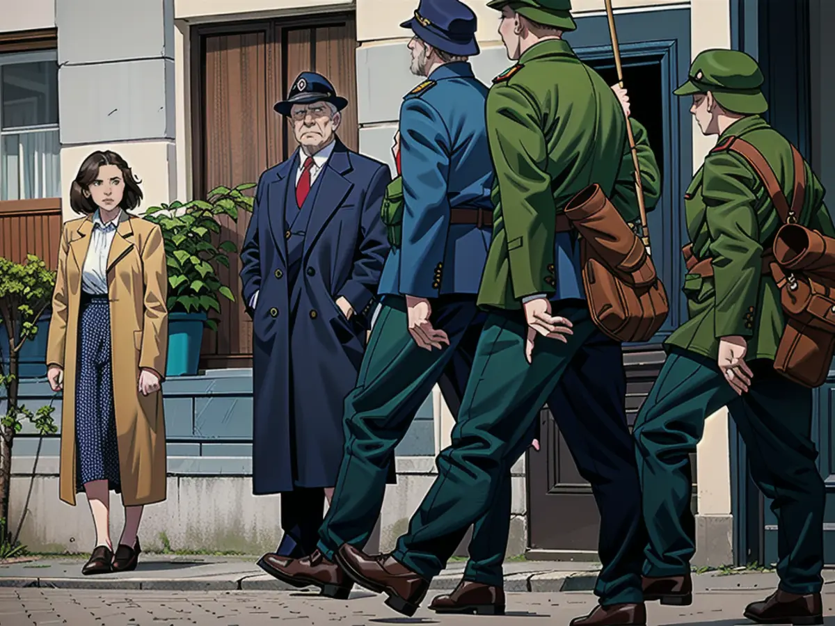 Miep Gies, played by Bel Powley, and Otto Frank, played by Liev Schreiber, watch as Nazi soldiers march down the street in Amsterdam in A SMALL LIGHT. (