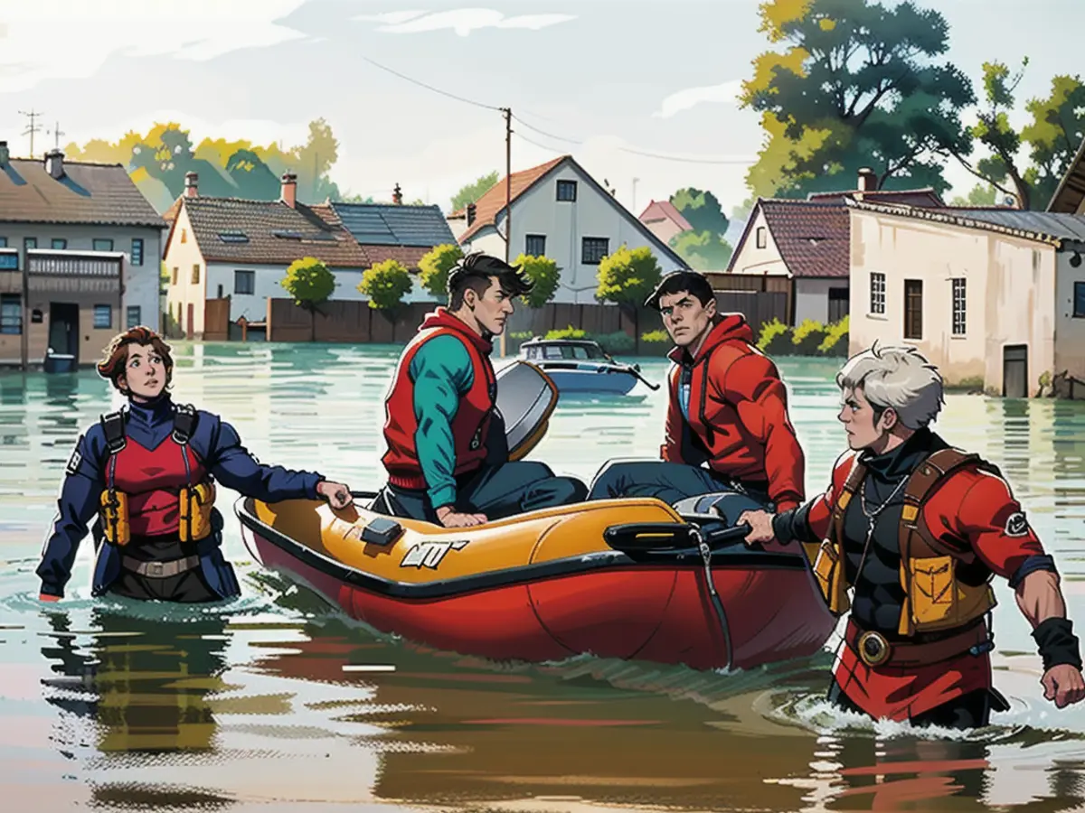 Babenhausen residents are rescued with rubber dinghies.