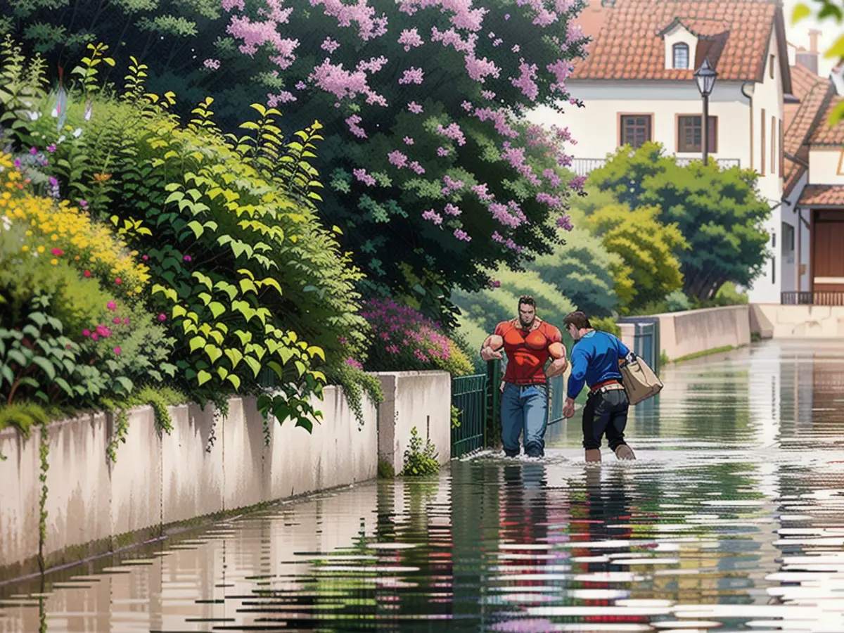 Eine überflutete Straße in Bayern am 2. Juni nach heftigen Regenfällen in Deutschland.