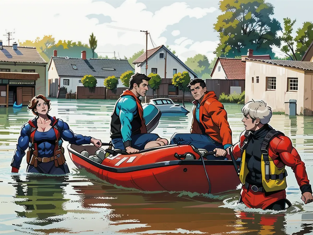 Babenhausen residents are rescued with rubber dinghies.