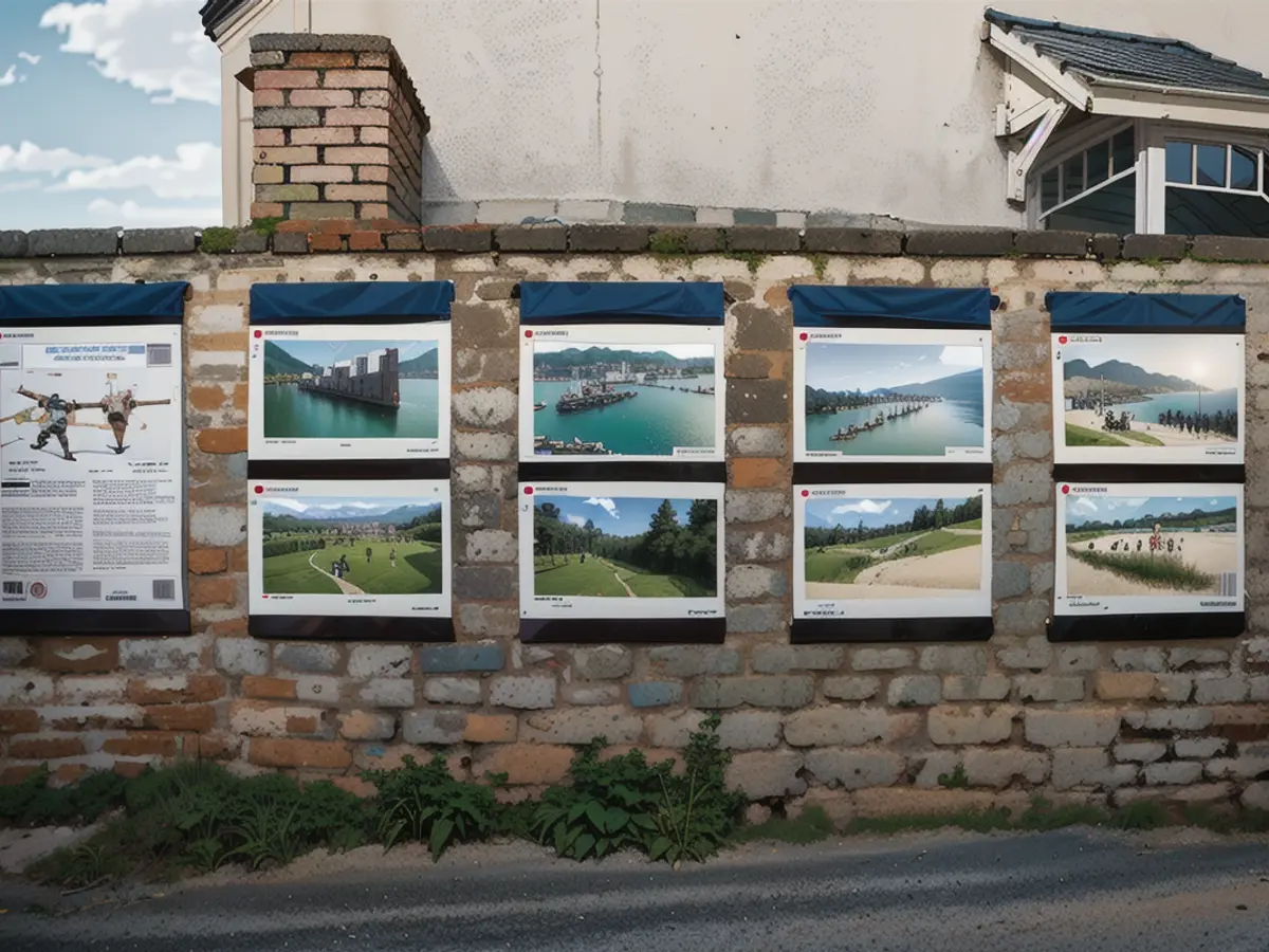 Fotos von der Landung in Juno Beach sind an der Wand neben dem Canada House ausgestellt.