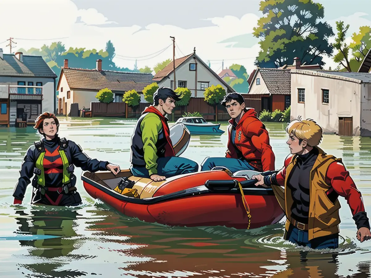 Babenhausen residents are rescued with rubber dinghies.