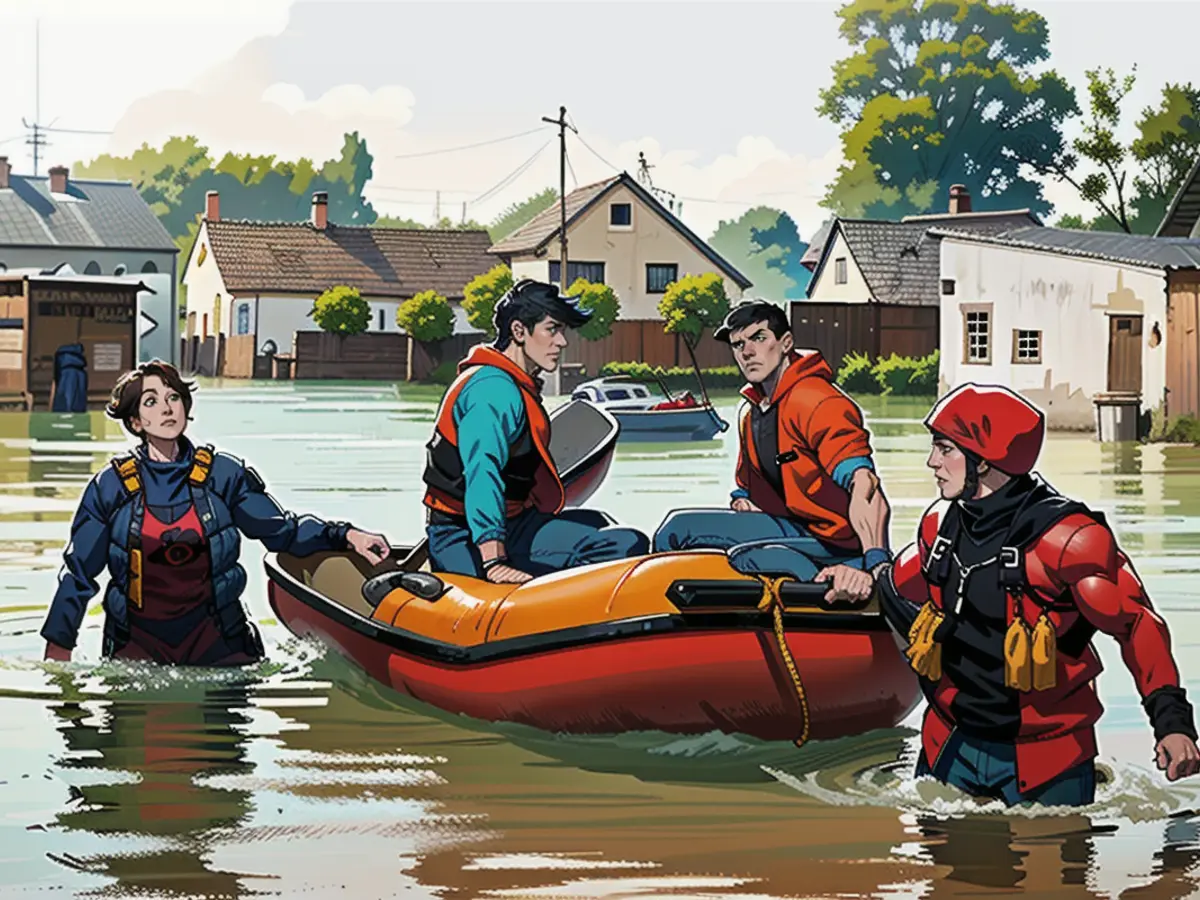 Babenhausen residents are rescued with rubber dinghies.