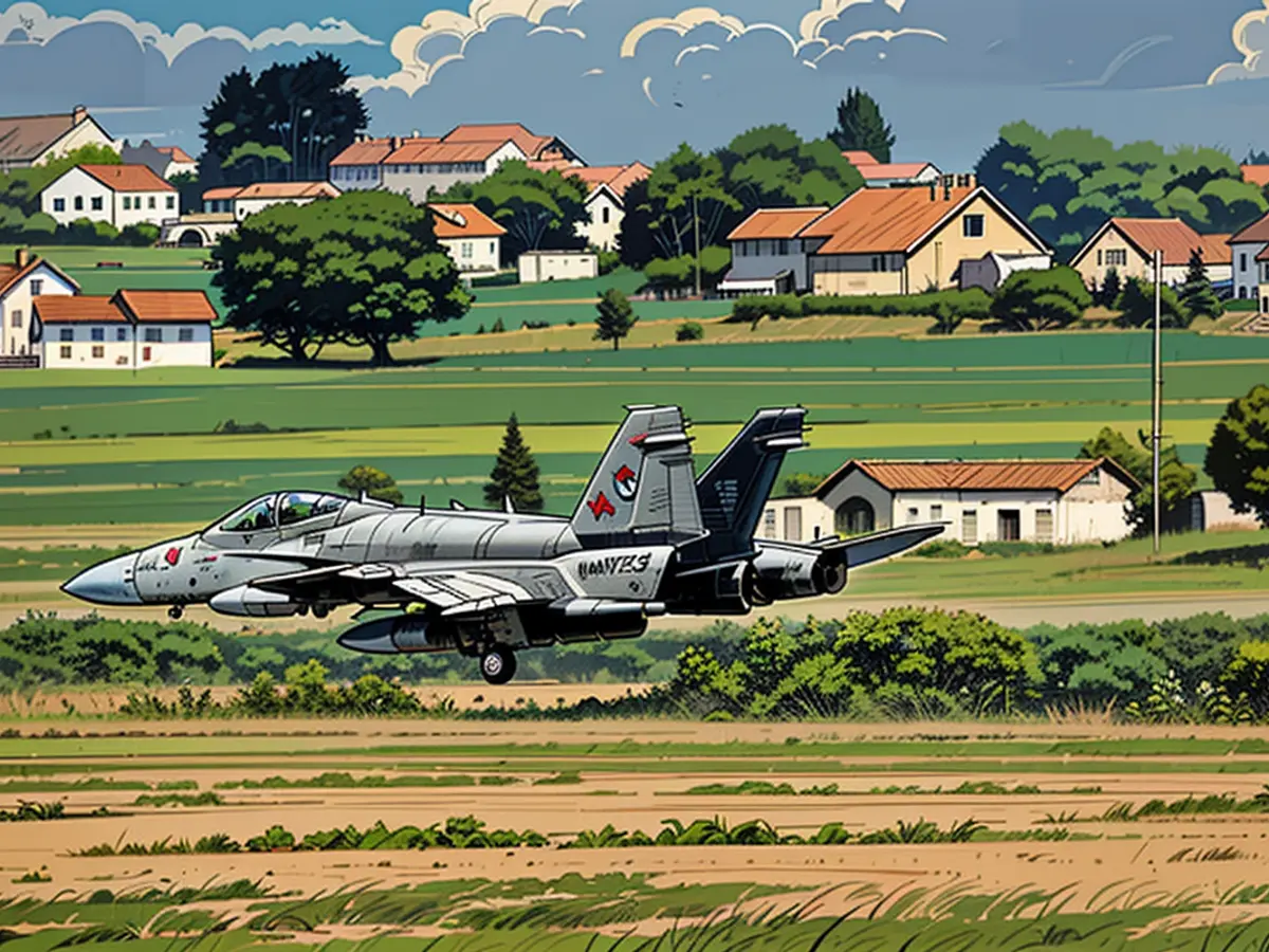 Das F/A-18-Kampfflugzeug setzt auf der Landebahn auf, die für die Übung mehrfach gereinigt worden ist.