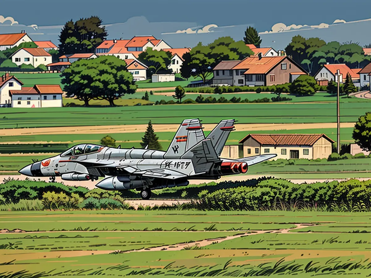 Das F/A-18-Kampfflugzeug setzt auf der Landebahn auf, die für die Übung mehrfach gereinigt worden ist.