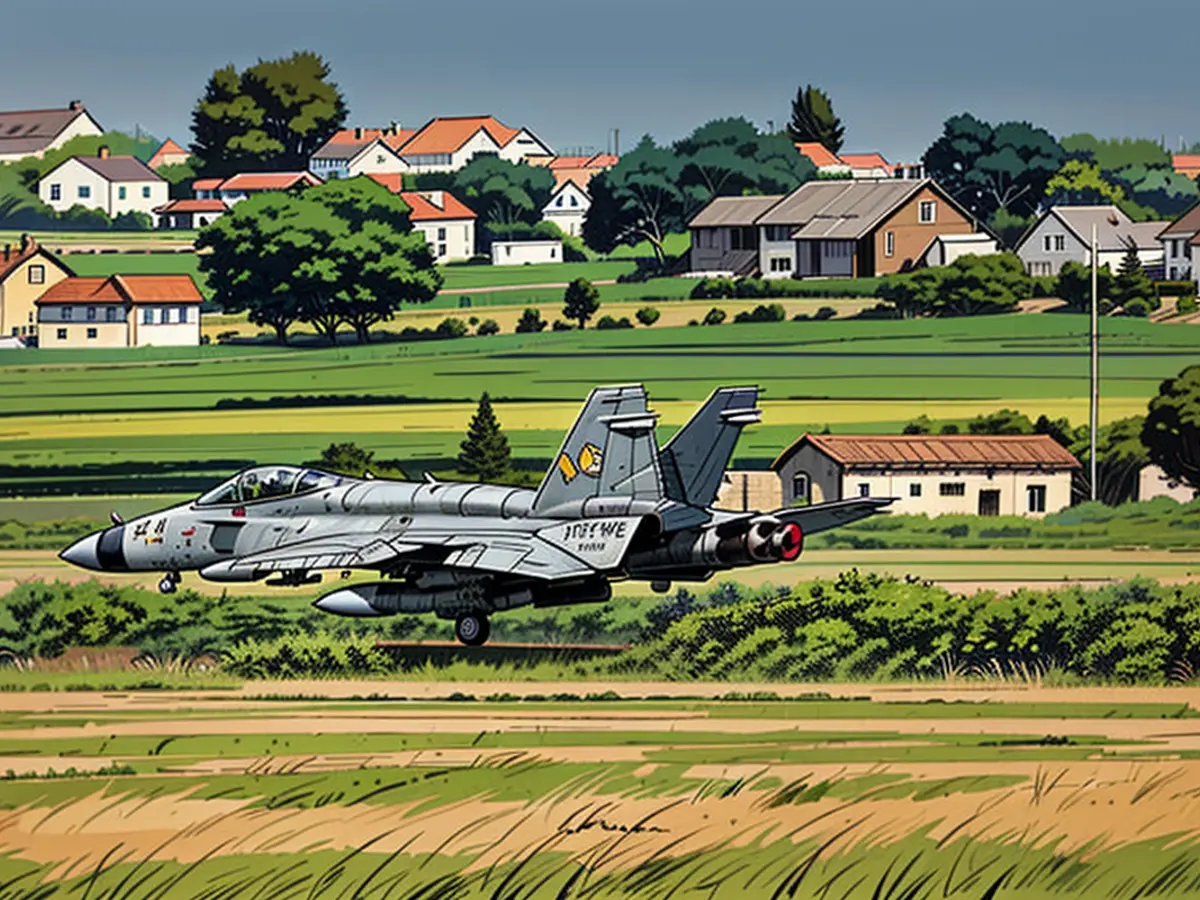 Das F/A-18-Kampfflugzeug setzt auf der Landebahn auf, die für die Übung mehrfach gereinigt worden ist.