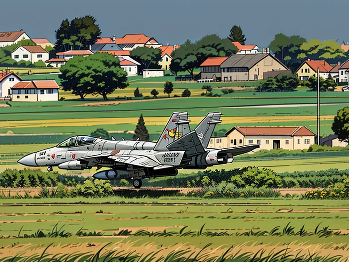 The F/A-18 fighter jet touches down on the runway, which has been cleaned several times for the exercise.