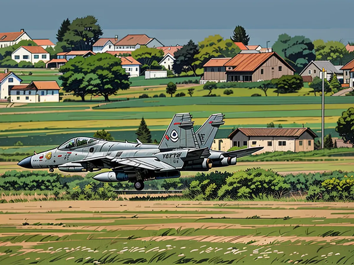 Das F/A-18-Kampfflugzeug setzt auf der Landebahn auf, die für die Übung mehrfach gereinigt worden ist.