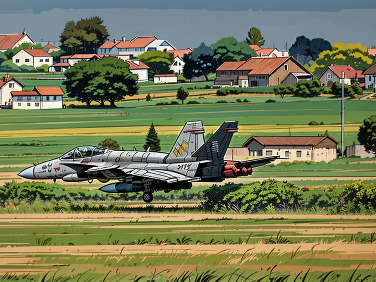 The F/A-18 fighter jet touches down on the runway, which has been cleaned several times for the exercise.