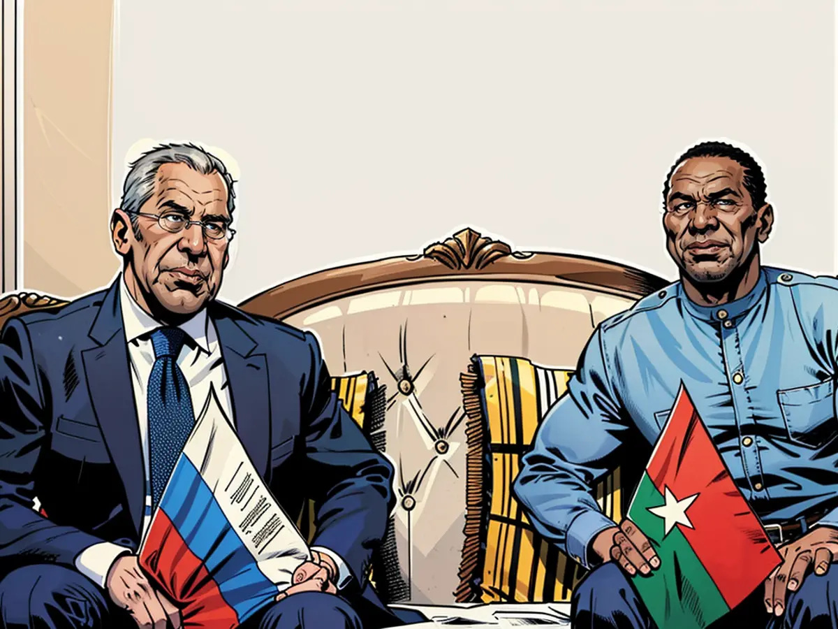 Russian Foreign Minister Sergey Lavrov with the Foreign Minister of Burkina Faso, Traoré, in the capital Ouagadougou.