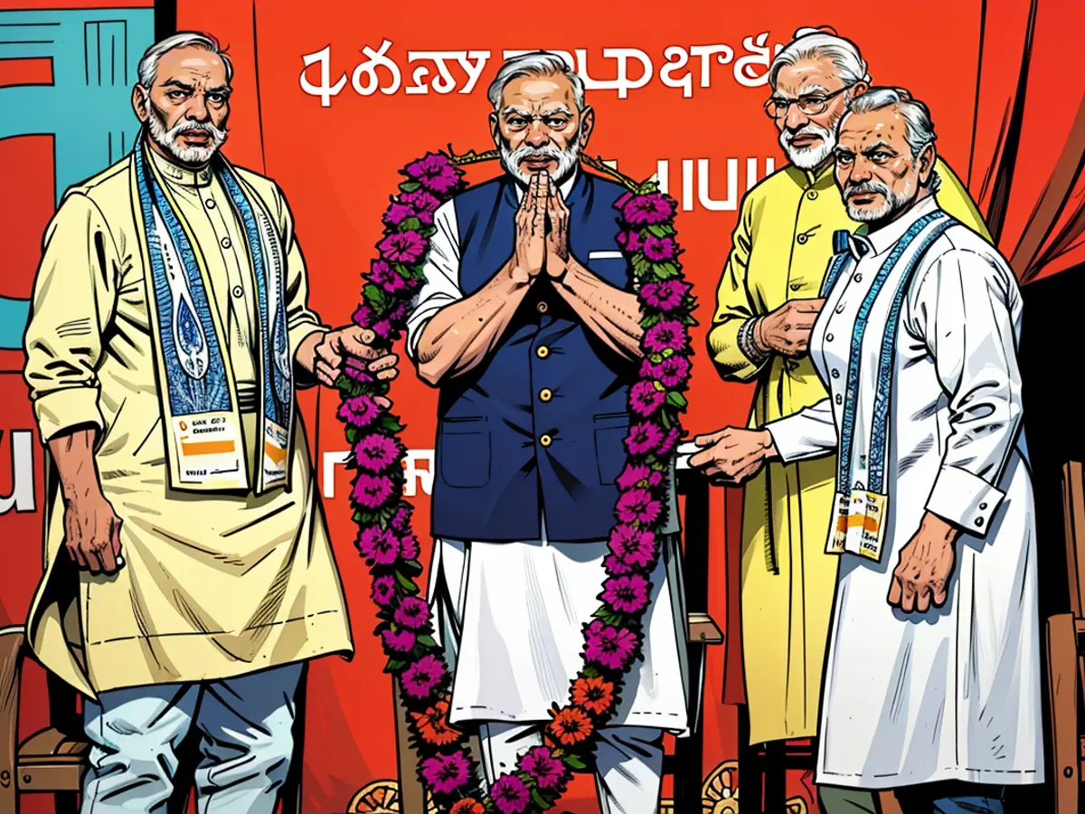 Prime Minister Narendra Modi is garlanded by senior Bharatiya Janata Party leaders in New Delhi, India, Tuesday, June 4, 2024.