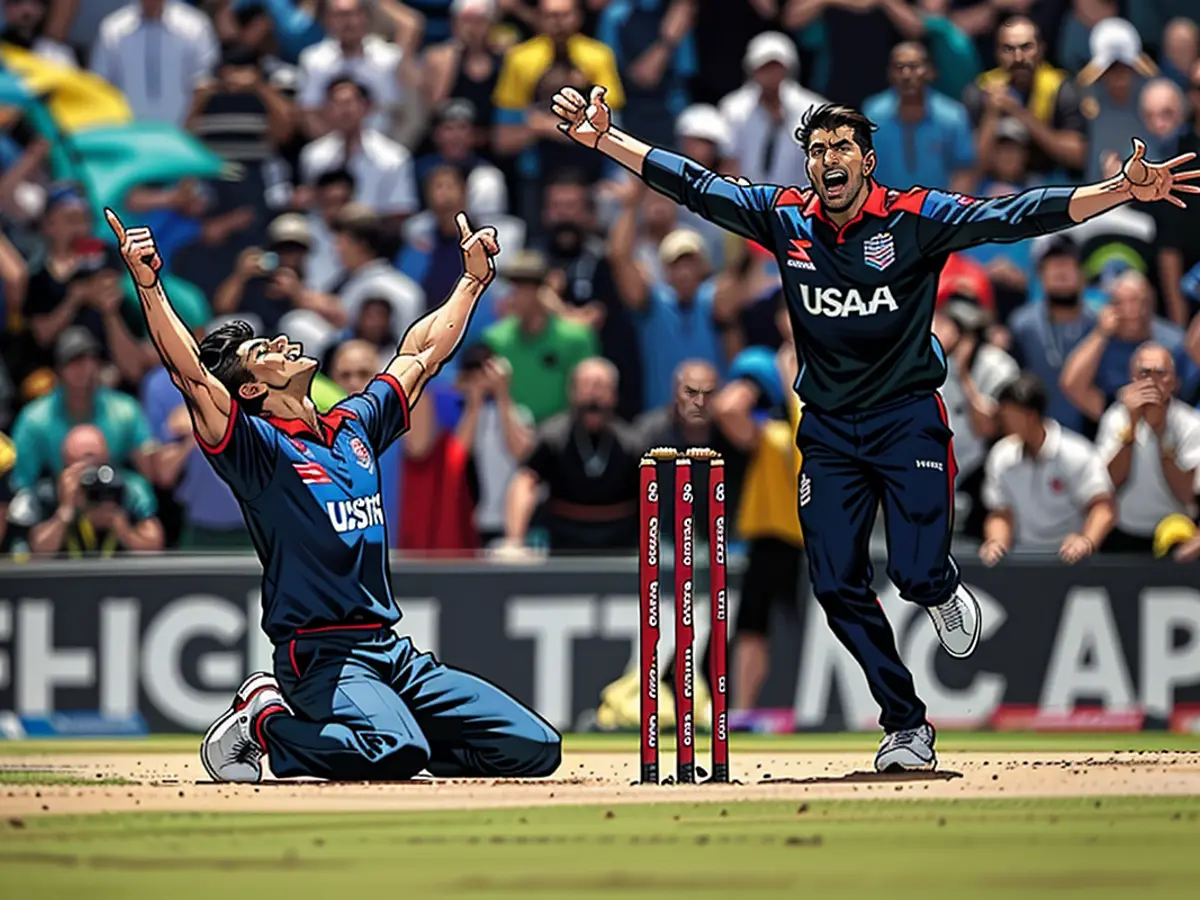 United States' Saurabh Nethralvakar, left, celebrates after the win in the ICC Men's T20 World Cup cricket match against Pakistan at the Grand Prairie Stadium in Grand Prairie, Texas.