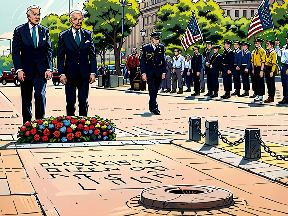 At the Arc de Triomphe in Paris, the presidents lay a wreath at the tomb of the unknown soldier. Earlier, Biden took part in the commemorations marking the 80th anniversary of the Allied landings in Normandy.