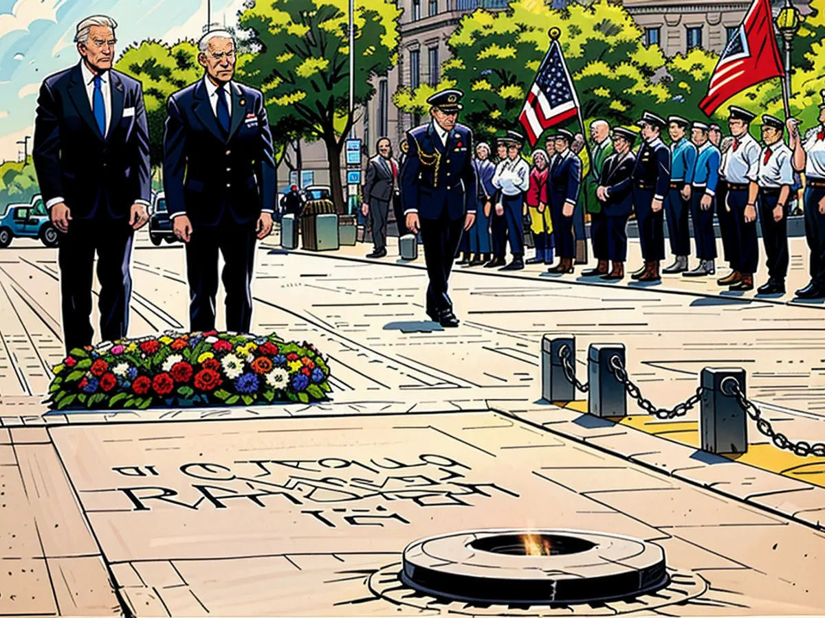 At the Arc de Triomphe in Paris, the presidents lay a wreath at the tomb of the unknown soldier. Earlier, Biden took part in the commemorations marking the 80th anniversary of the Allied landings in Normandy.