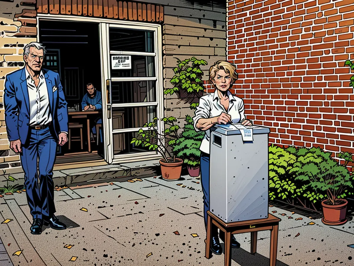 Ursula von der Leyen casts her ballot in a ballot box next to her husband Heiko.