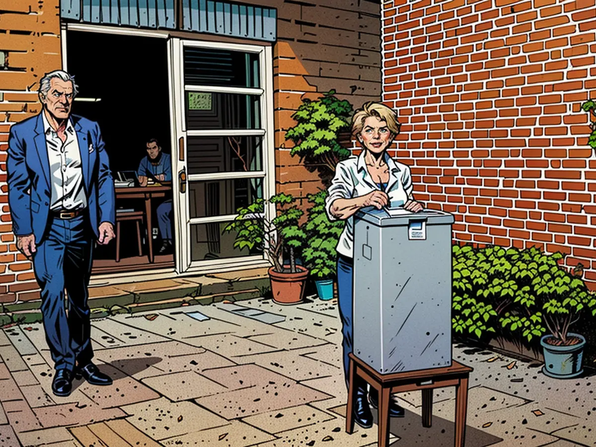 Ursula von der Leyen casts her ballot in a ballot box next to her husband Heiko.