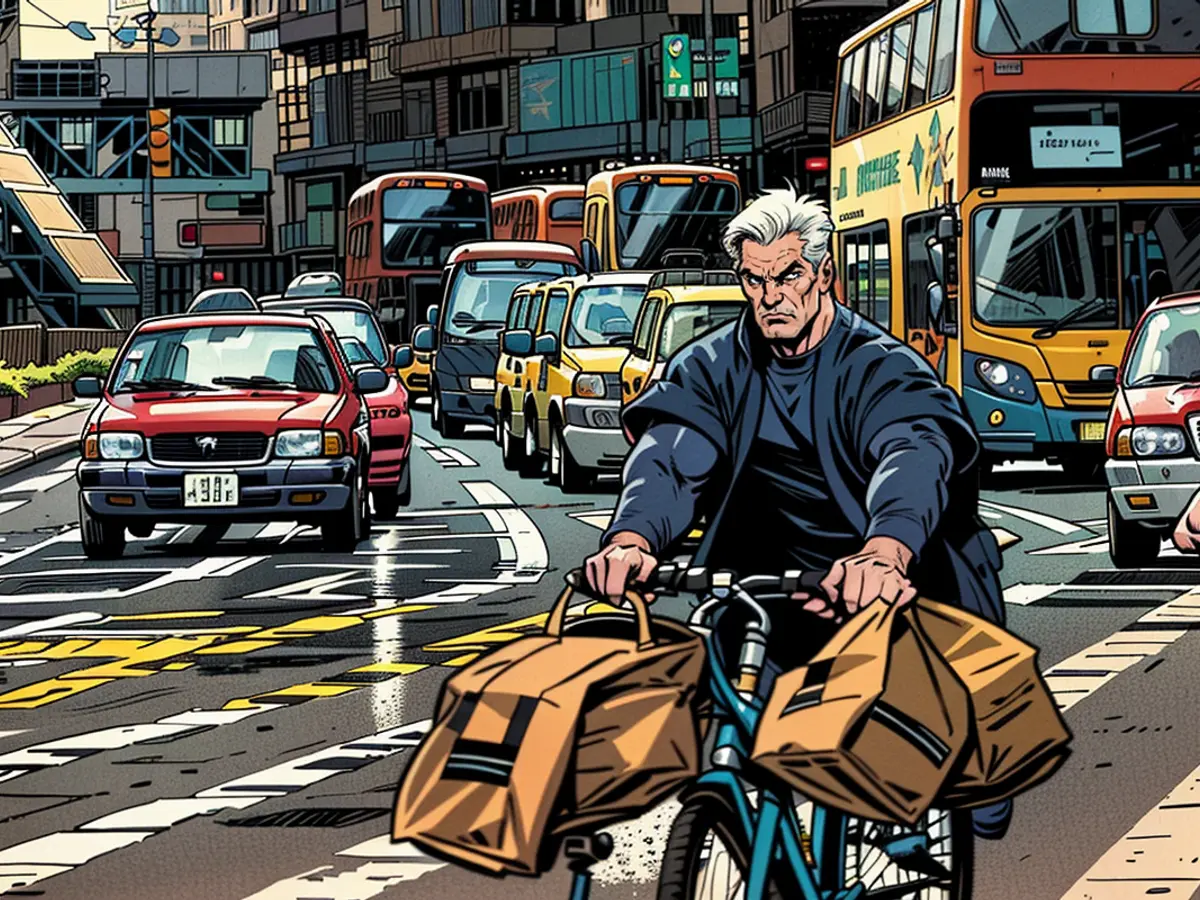 A delivery man cycles along a road as cars wait for a traffic light to change, in Hong Kong, China on May 24, 2024.