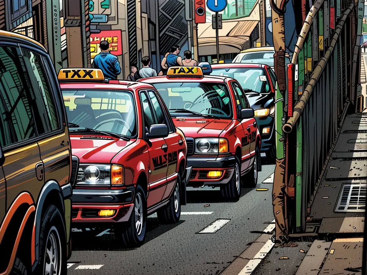 Taxis sit in a traffic jam in Hong Kong, China, on May 24, 2024.