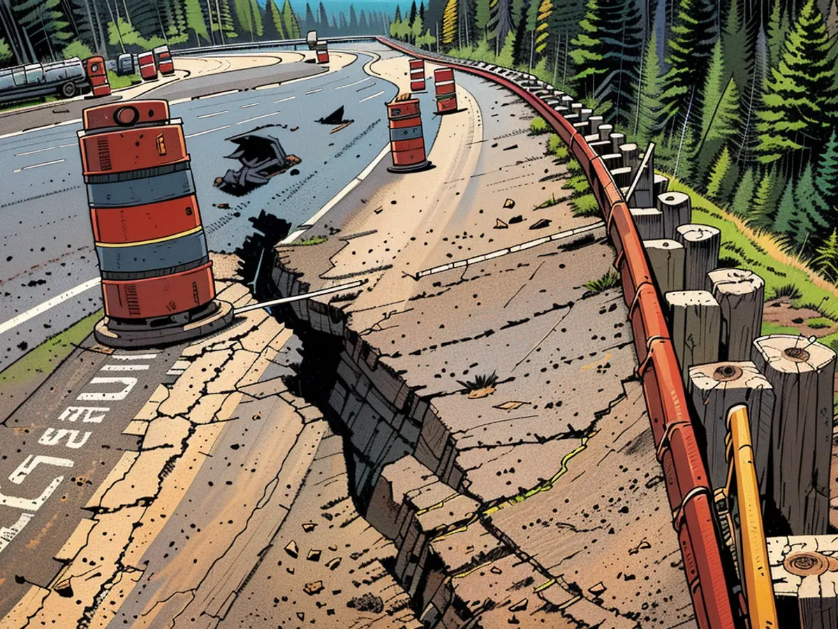 Cracks in the roadway on Teton Pass are seen on Friday, June 7, 2024, the day before its 
