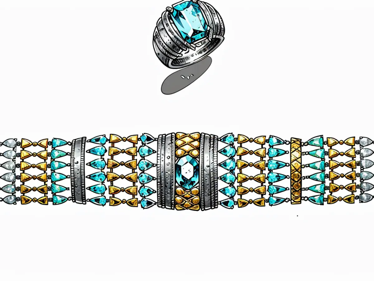 Boghossian's paraiba and diamond set features paraibas and fancy yellow diamonds. The central piece of the bracelet is composed of one oval-shaped paraiba and the ring of one cushion-shaped paraiba.